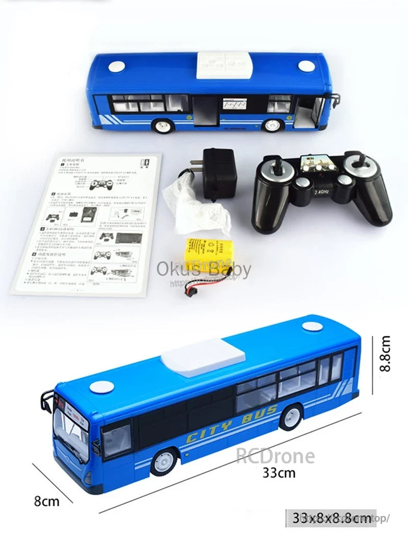 Double E 6Ch RC Bus, Blue 6-channel RC city bus (33x8x8.8cm) with remote, battery, charger, and manual included.