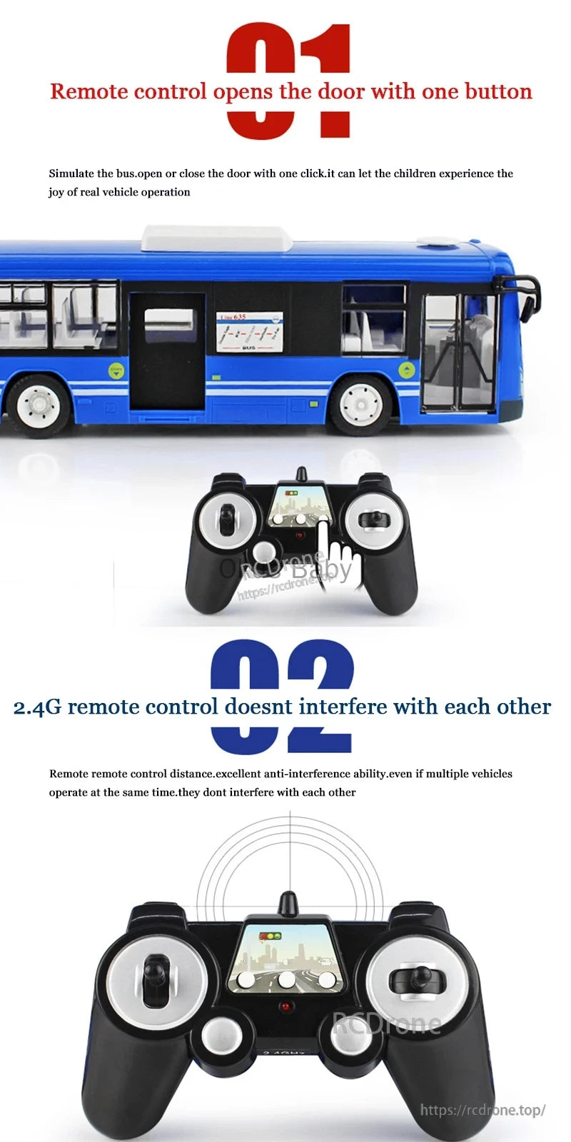 Double E 6Ch RC Bus, One-button remote opens bus doors via 2.4G system, preventing interference among multiple vehicles for smooth, realistic operation. (24 words)