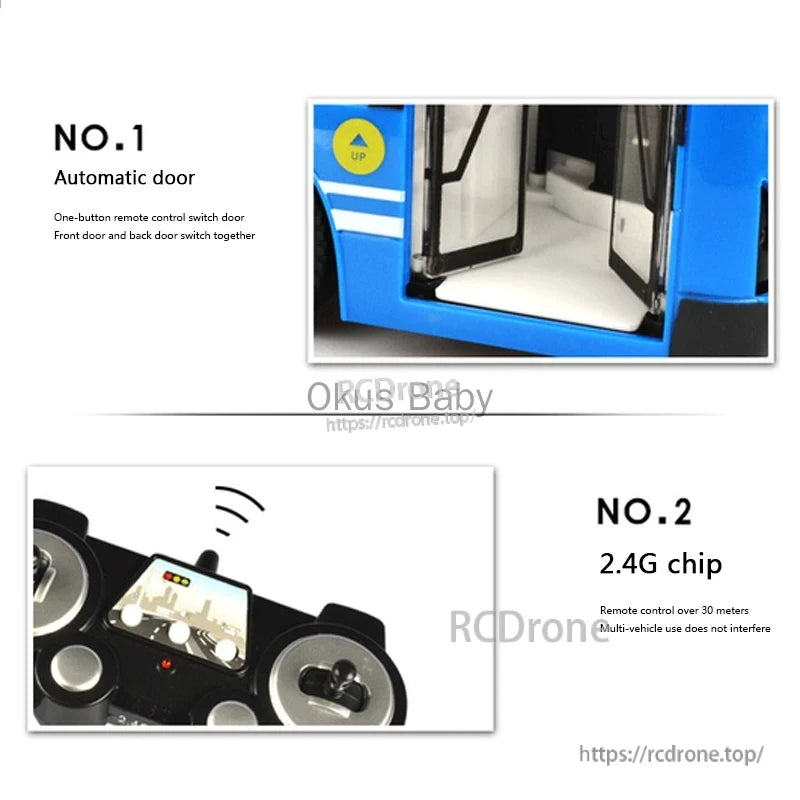 Double E 6Ch RC Bus, Automatic doors with 2.4G remote control offer over 30-meter range, one-button operation, and multi-vehicle compatibility without interference.