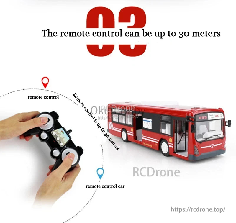 Double E 6Ch RC Bus, RC bus with 6-channel operation, functional doors, and realistic design; remote control range up to 30 meters.