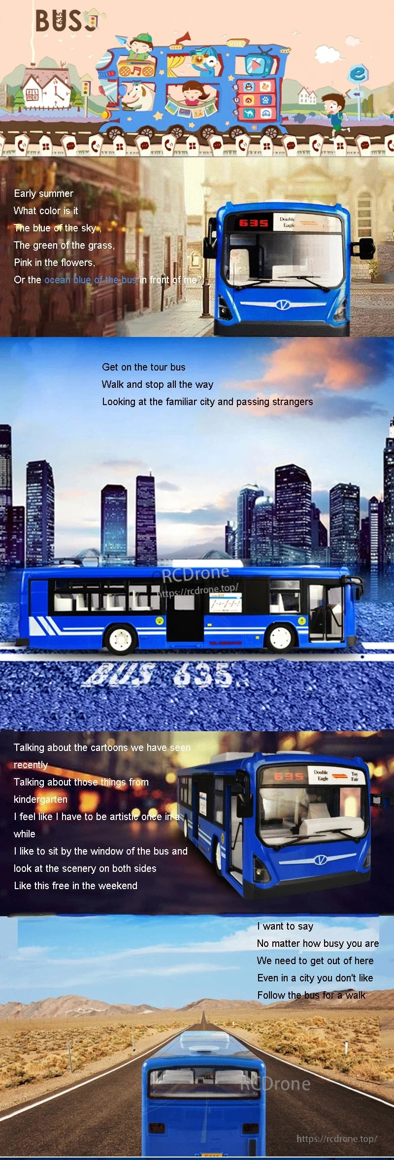 Double E 6Ch RC Bus, The Blue Double Eagle 635 RC bus showcases summer colors, city and desert adventures, nostalgic cartoons, and urban exploration, inviting a break from routine for scenic weekend journeys.