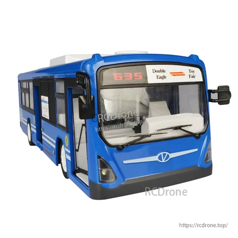 Double E 6Ch RC Bus with remote control, auto-opening doors, sound and light effects, measures 33.5cm, ready to run toy model.