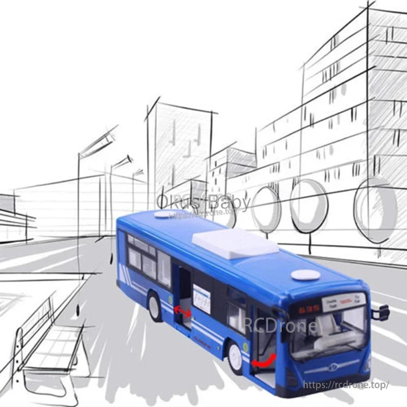 Double E 6Ch RC Bus, Toy model with remote control, auto-opening doors, sound and light effects, measures 33.5cm, ready to run.