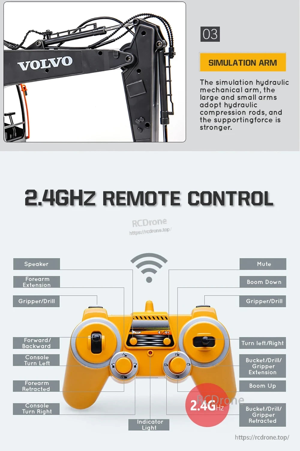 Double E E568 RC Excavator, Remote-controlled RC excavator with realistic hydraulic functions, 2.4GHz wireless control, and immersive features like sound, lights, and precise movements for authentic excavation simulation.