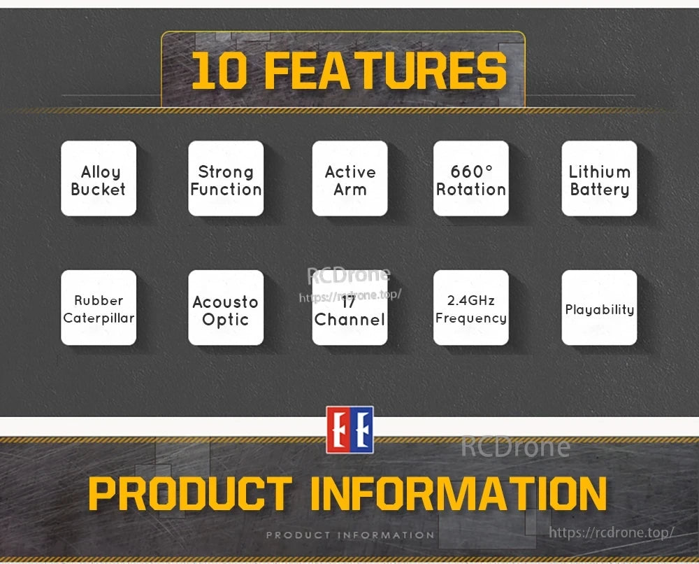 Double E E568 RC Excavator, Alloy bucket, 660° rotation, 2.4GHz 17-channel RC excavator with lithium battery, rubber tracks, sound-light effects, and high playability.