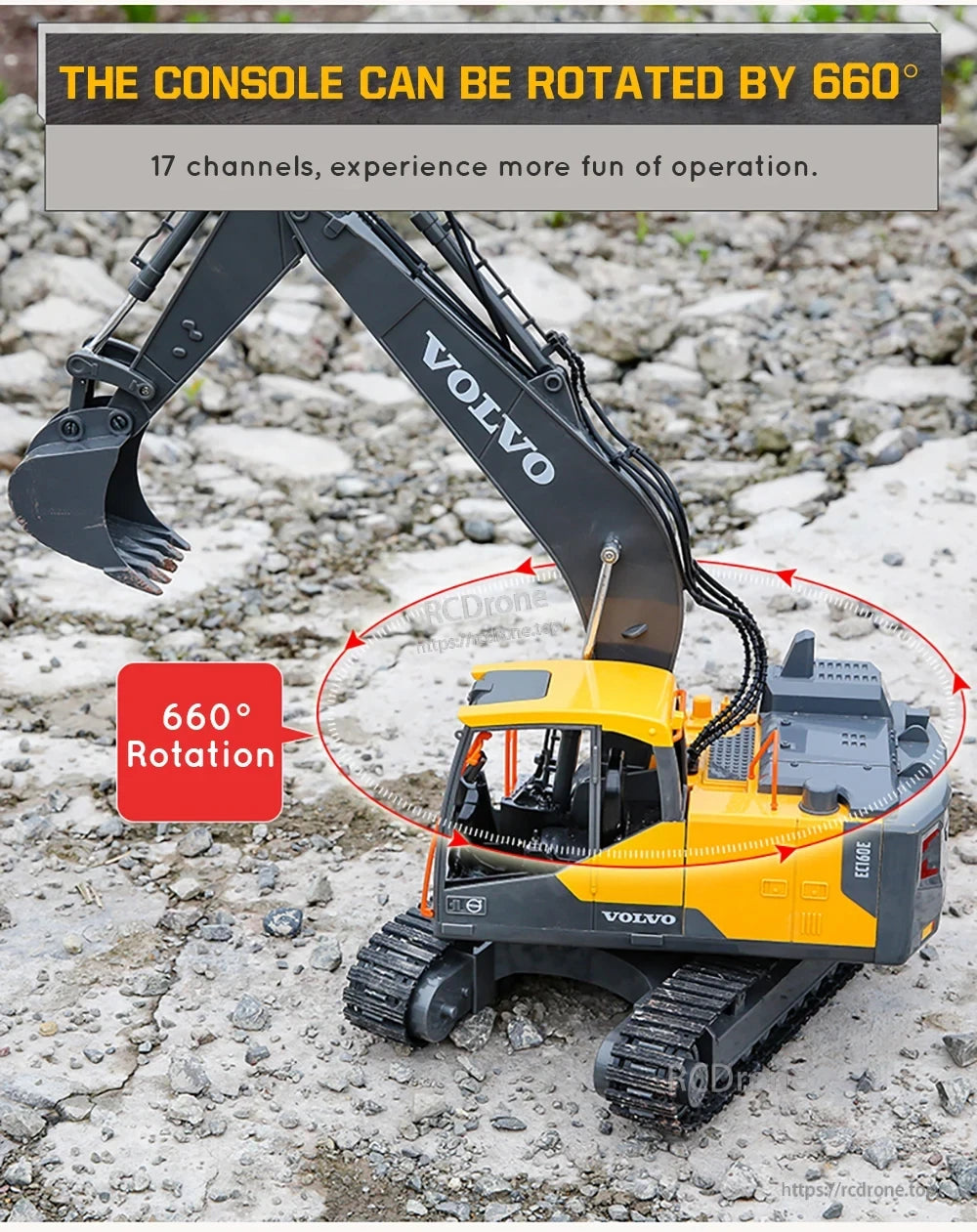 Double E E568 RC Excavator, Volvo RC Excavator 660° Rotation 17 Channels