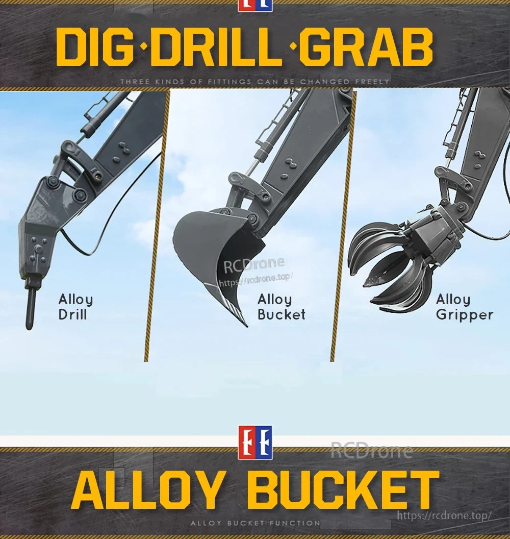 Double E E568 RC Excavator, The Alloy Bucket is designed for efficient material collection, offering reliable digging and grabbing capabilities in drone operations.