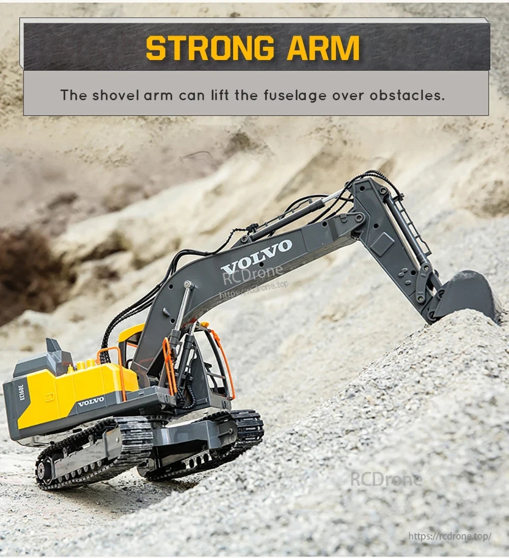 Double E E568 RC Excavator, Volvo-branded excavator with strong arm for lifting fuselage over obstacles.