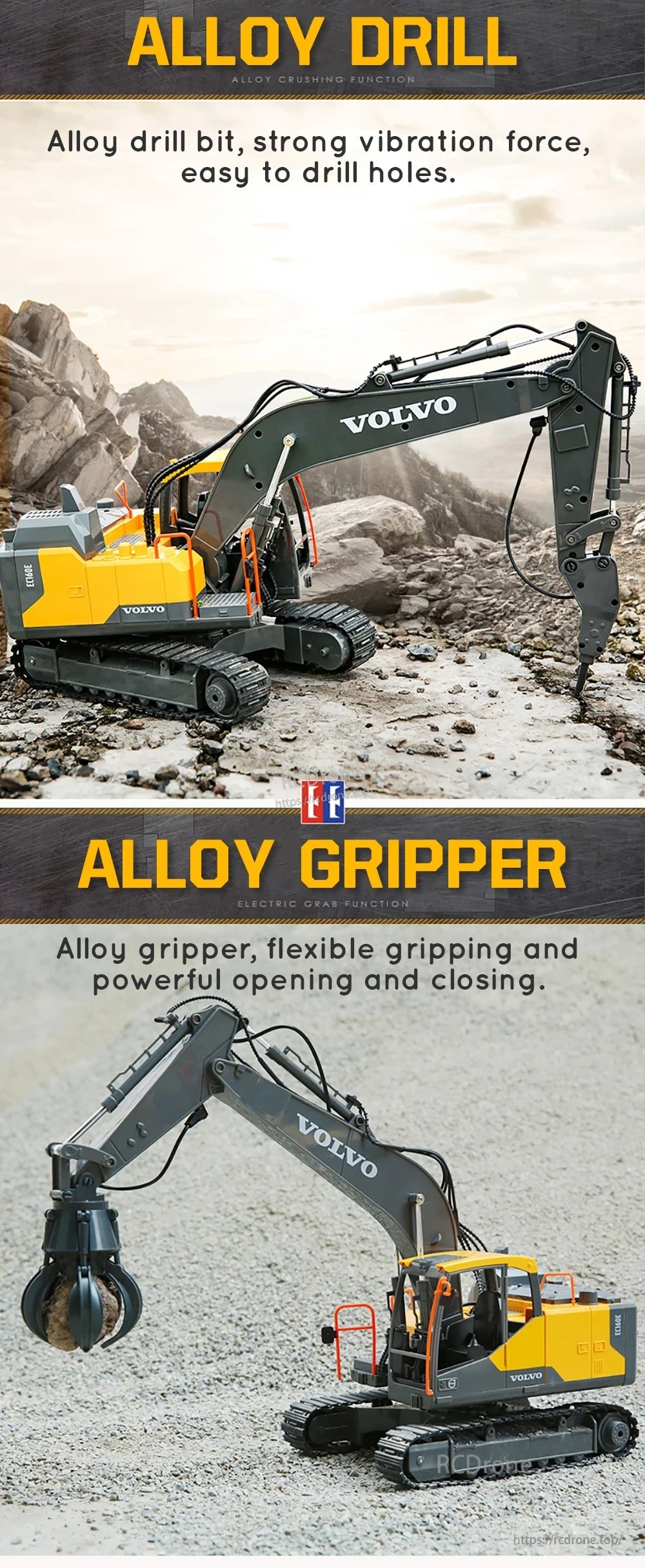 Double E E568 RC Excavator, Drill bit with strong vibration force makes drilling holes easy, while alloy gripper has electric grip function for flexible handling.