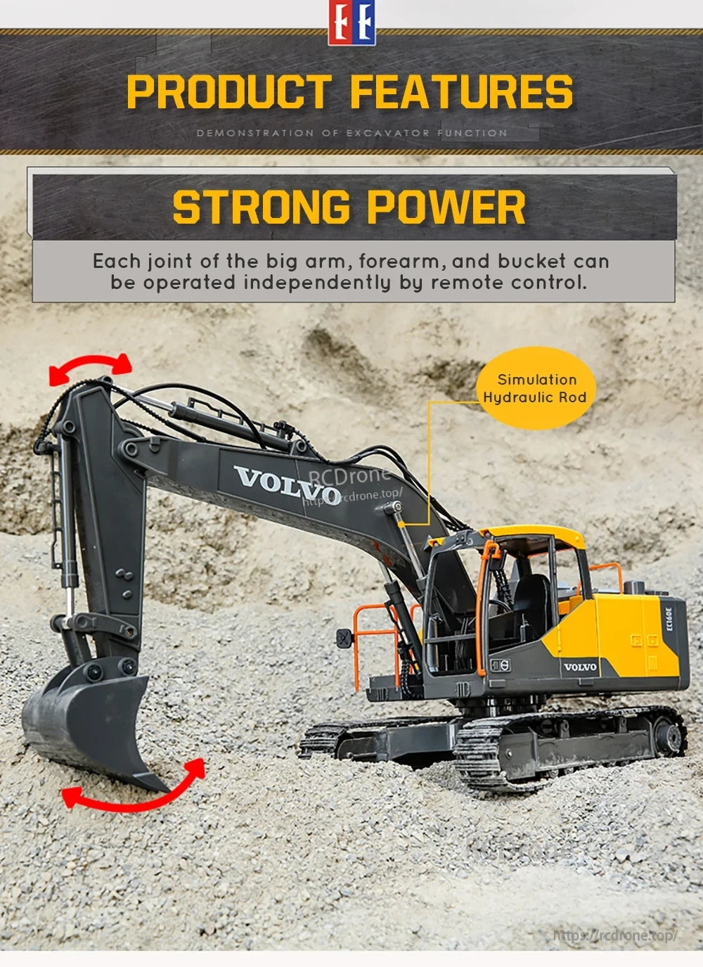 Double E E568 RC Excavator, The E568 RC Excavator features powerful performance, independent remote control joints, and simulated hydraulic rods for realistic, precise operation. (20 words)