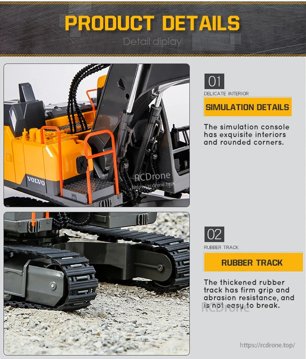 Double E E568 RC Excavator, The Volvo RC excavator features a detailed interior, rounded corners, and thickened rubber tracks for durability and excellent grip.