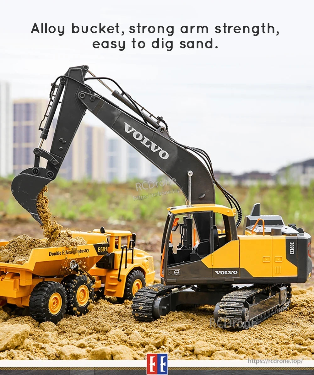 Double E E568 RC Excavator, Strong alloy bucket and arm for easy sand digging, paired with Volvo excavator and dump truck for efficient excavation and transport.