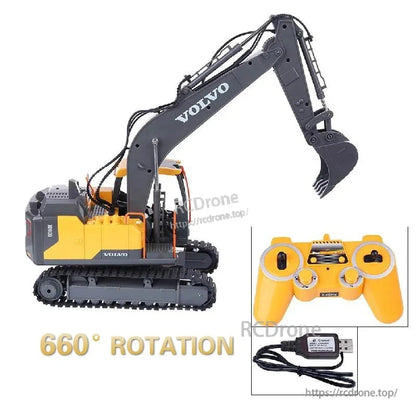 Miniature 1/16 scale Volvo RC excavator with 2.4GHz remote, 660° rotation, alloy bucket, drill gripper, and rubber tracks for realistic operation and durability.