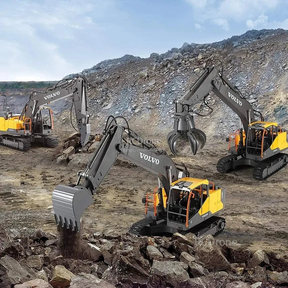 Miniature 1/16 scale Volvo excavator with 2.4GHz remote, 3-in-1 alloy tool, 660° rotation, and rubber tracks for realistic operation and durability.