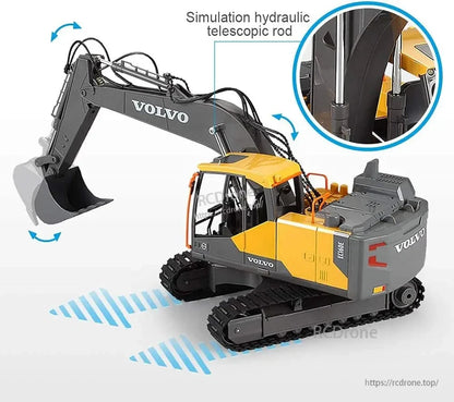 RC excavator with 17CH remote control, 3-in-1 alloy bucket/drill/gripper and 660° rotation for 1/16 scale modeling.
