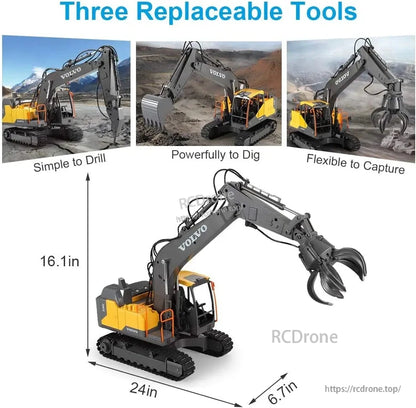 Volvo RC excavator features 3 tools (drill, dig, grip), alloy build, rubber tracks, 660° rotation, and measures 24in x 6.7in x 16.1in.