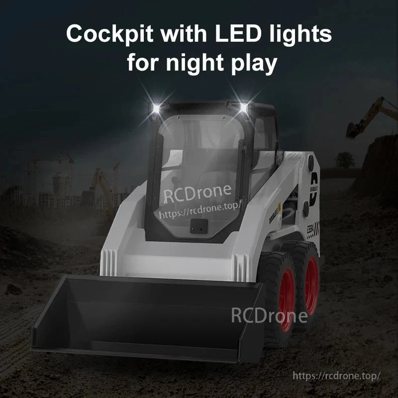 Double E E594 Skid Steer Loader RC Truck features a remote control system with LED cockpit and simulated sounds.