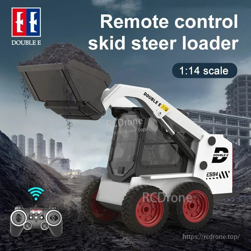 Double E E594 1:14 Skid Steer Loader RC truck features remote control, battery, LED cockpit and simulative sounds.