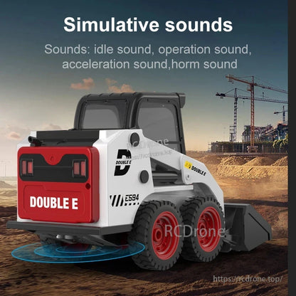 Double E E594 RC Skid Steer Loader features 2.4GHz control, realistic sounds, LED cockpit, and authentic idle/operation audio effects.