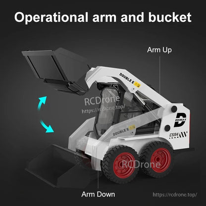 The Double E E594 is a 1:14 scale RC truck featuring a 2.4GHz frequency, LED cockpit, and simulative sounds.