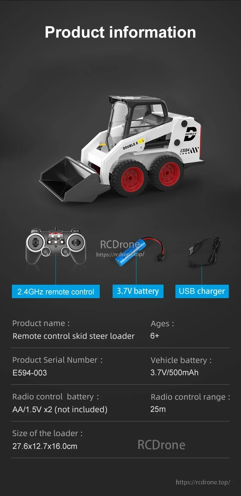 Double E E594 RC Skid Steer Loader for ages 6+, includes battery, charger, and remote control with a range of 25m.