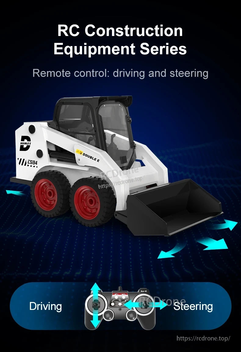 Double E E594 RC Skid Steer, RC Construction Equipment Series: Double E E594 skid steer features remote control for driving and steering, ideal for realistic construction simulation and hobby use.
