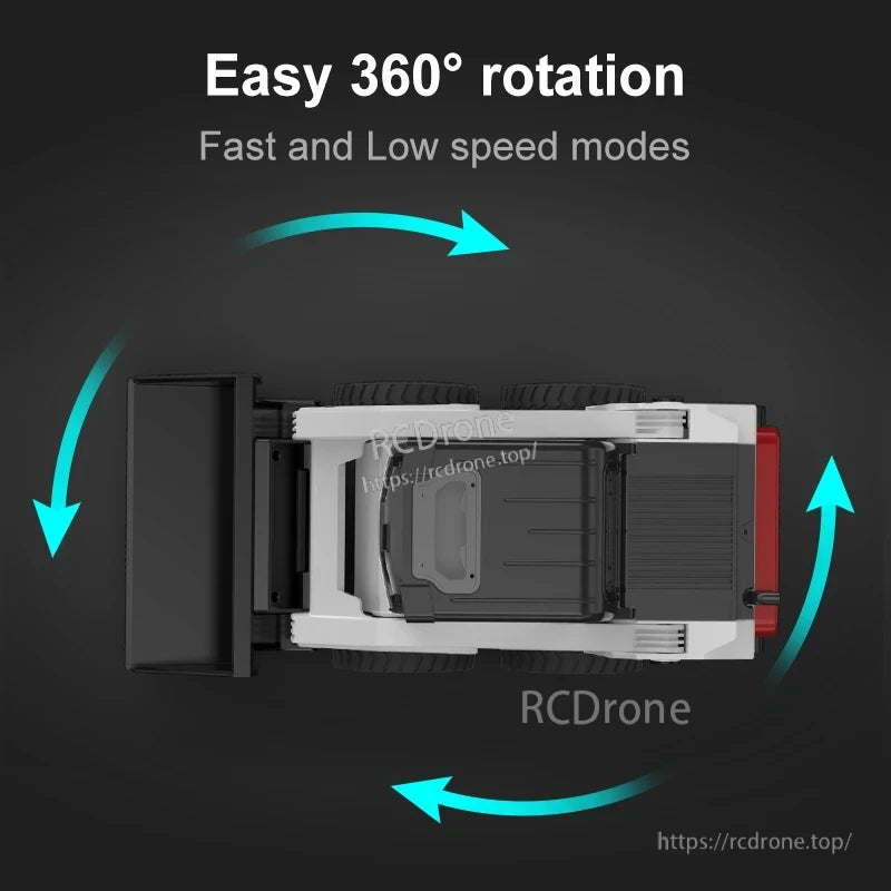 Double E E594 RC Skid Steer, Remote-controlled truck with simulated slip/skid steer loader appearance, functions, and sounds; suitable for RC construction equipment play and display.