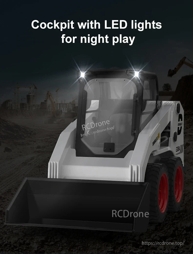 Double E E594 RC Skid Steer, Feature-rich robotic system with wireless remote control, movable arms and bucket, sound effects, and LED lights for nighttime use.