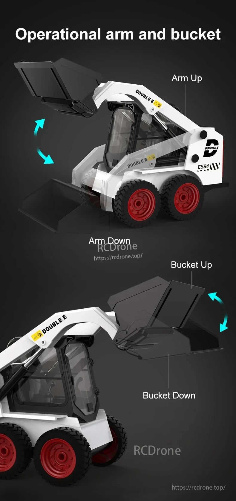 Operational arm and bucket controls for DOUBLE E E594 RC Skid Steer loader equipment.