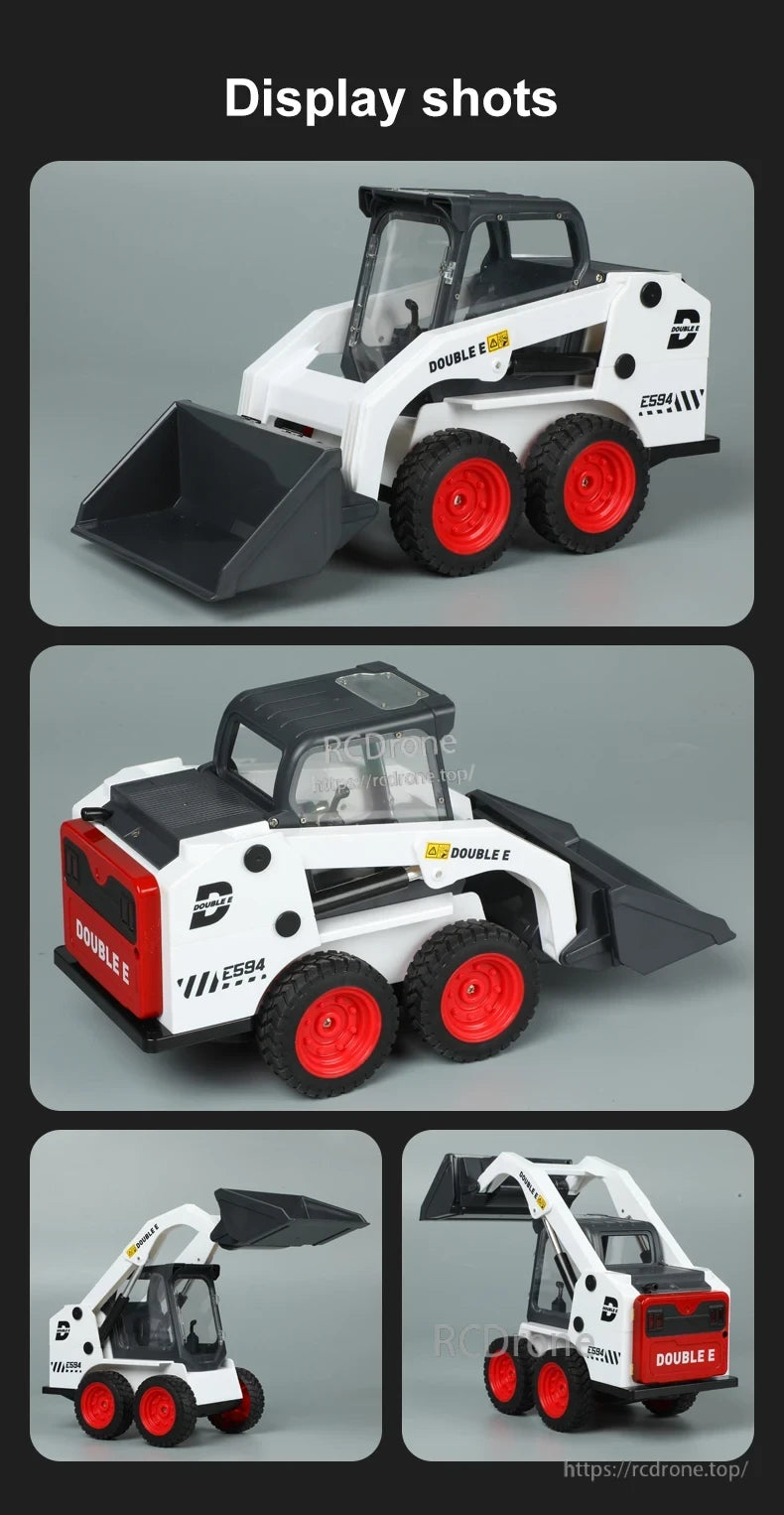 Double E E594 RC Skid Steer in white with red wheels, shown from multiple angles.