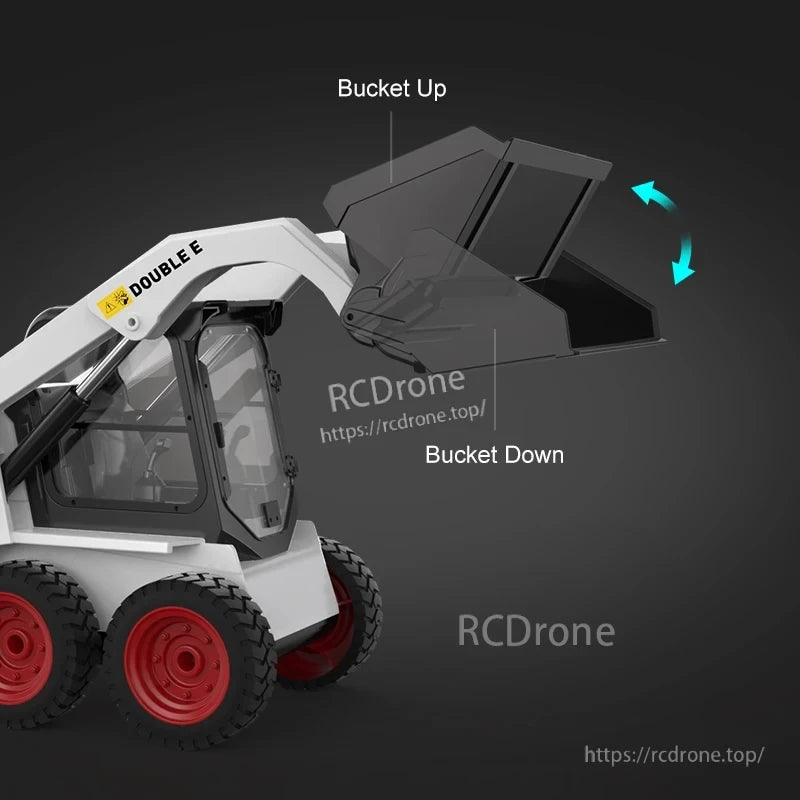Double E E594 RC Skid Steer, The model features wireless remote control, independent arm and bucket movement, simulative sound effects, and cockpit LED lights for night use.