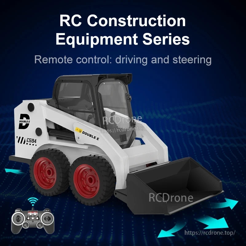 Double E E594 RC Skid Steer, The Double E E594 is a remote-controlled skid steer with driving and steering capabilities for construction equipment enthusiasts.