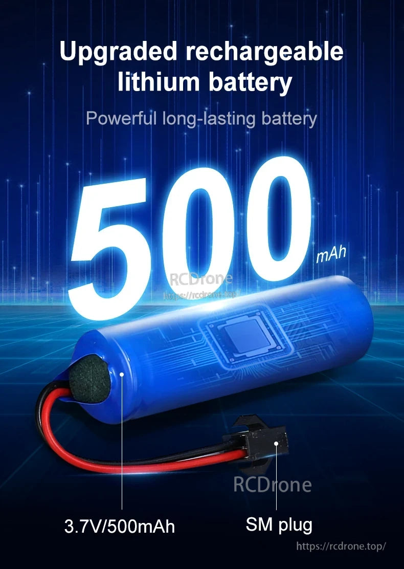 Double E E594 RC Skid Steer, Upgraded 500mAh 3.7V lithium battery with SM plug, offering powerful, long-lasting performance for RC applications.