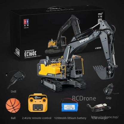 A remote-controlled excavator with 3-in-1 alloy tools and 360° rotation.