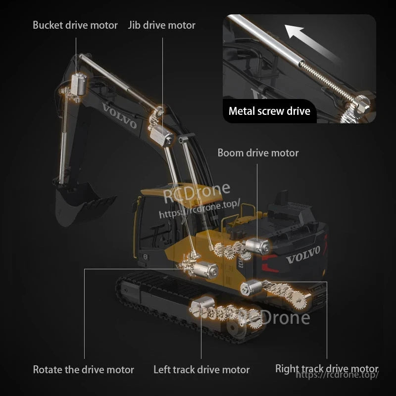 Double E E598 1/16 RC Excavator Volvo EC160E 3-in-1 Alloy Tools, 2.4GHz APP/Remote, 7.4V 1200mAh, 360° Rotation, 25–30m