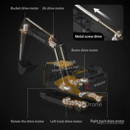 Double E E598 1/16 RC Excavator Volvo EC160E 3-in-1 Alloy Tools, 2.4GHz APP/Remote, 7.4V 1200mAh, 360° Rotation, 25–30m