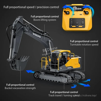 Double E RC Excavator Volvo EC160E features 2.4GHz APP/remote control, 7.4V battery, and proportional boom system with rotation, travel, and excavation capabilities.