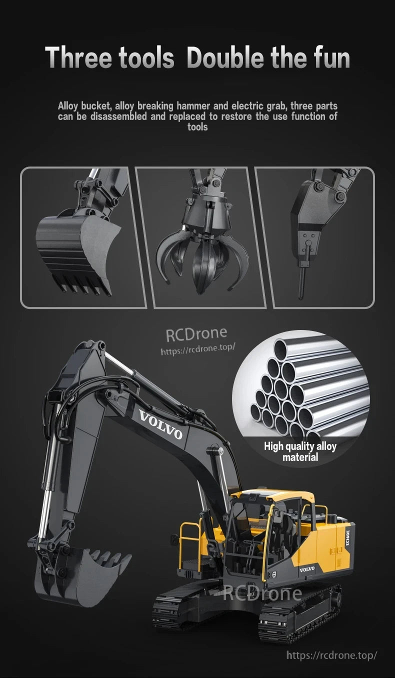 Double E E598 RC Excavator, Three high-quality alloy tools—bucket, breaking hammer, electric grab—for VOLVO excavators. Double the functionality, enhanced performance.