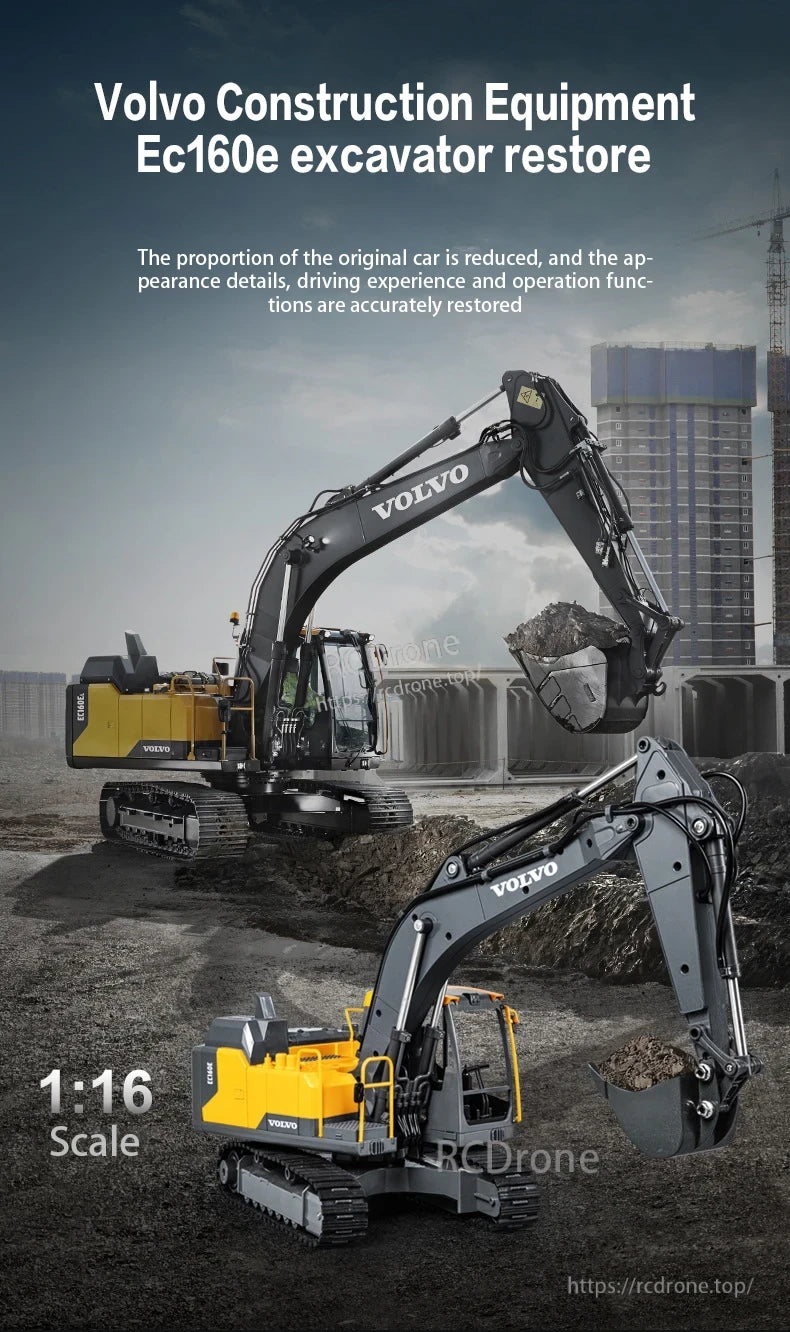 Double E E598 RC Excavator, Volvo EC160E 1:16 scale excavator model featuring highly detailed and functional design restoration.