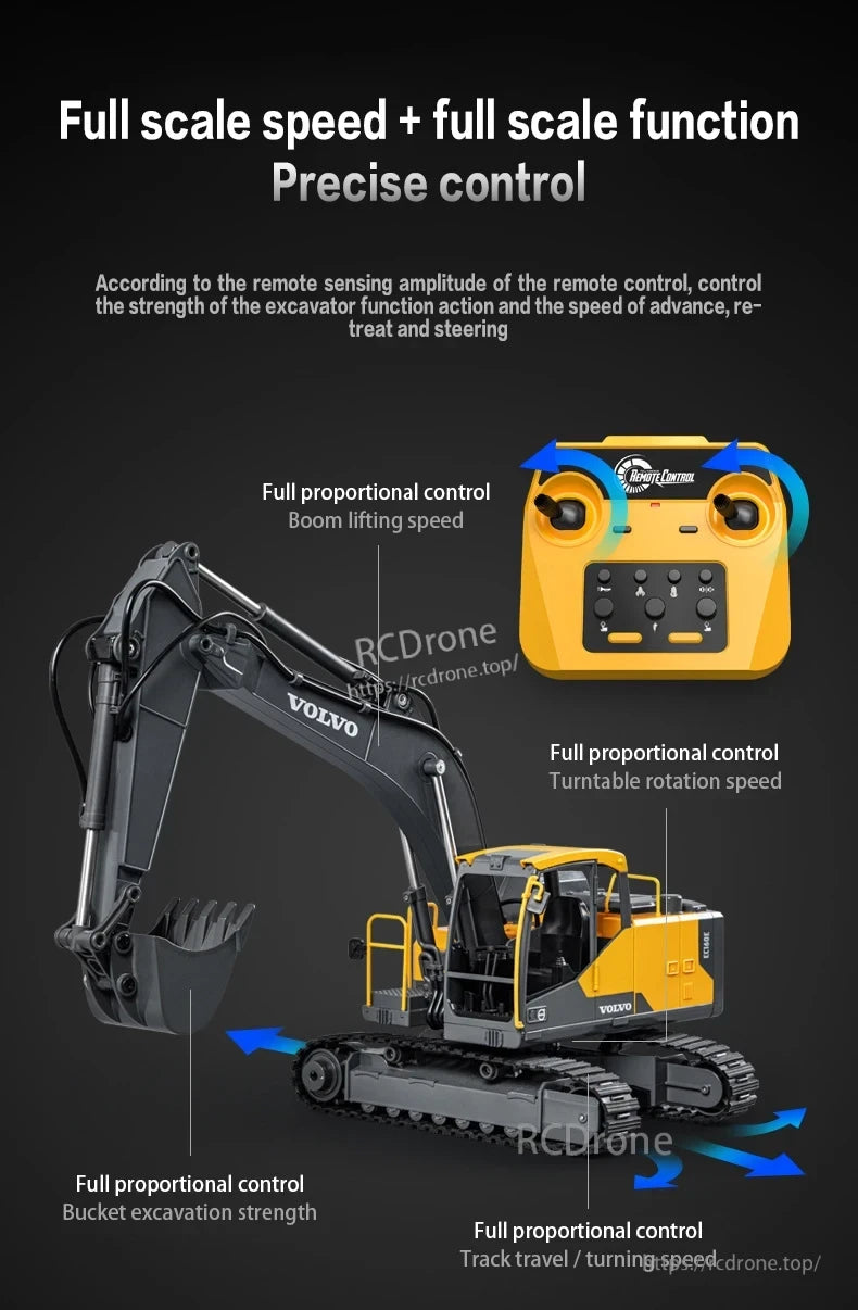 Double E E598 RC Excavator, Precise, proportional control of boom, rotation, bucket, tracks, and excavator via remote sensing ensures accurate performance at full-scale speed. (24 words)