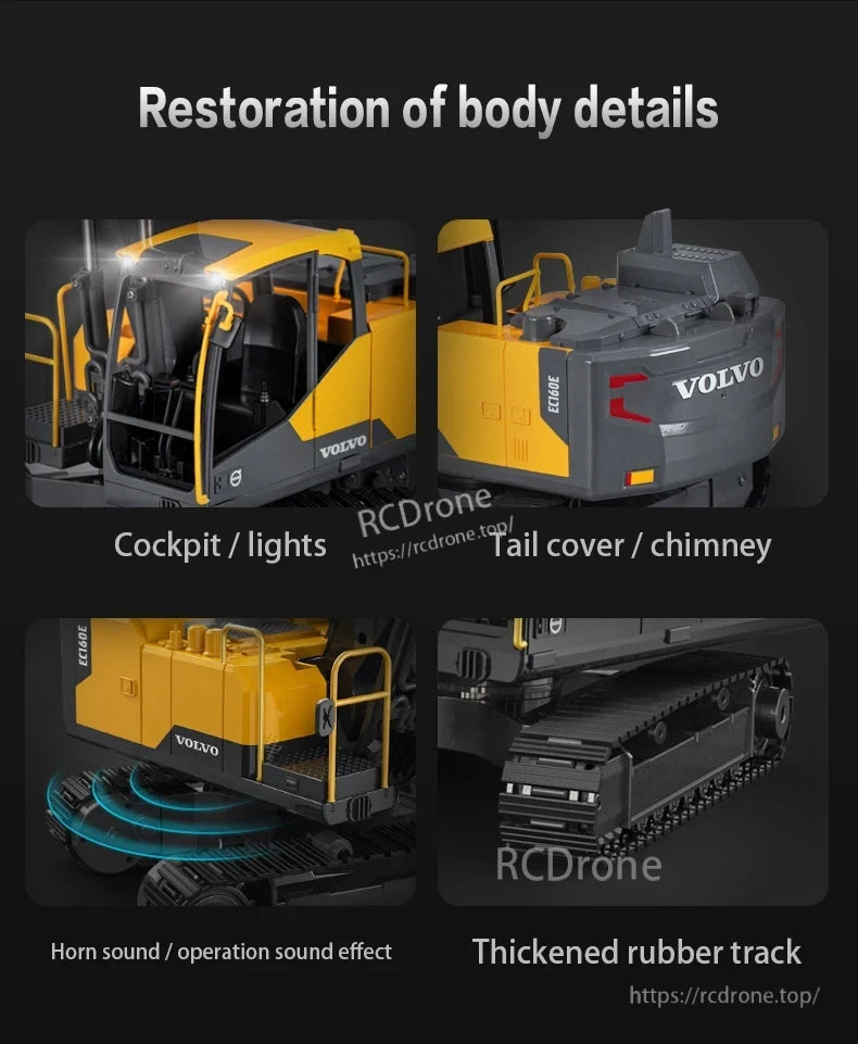 Double E E598 RC Excavator, RC excavator with cockpit, lights, sound, and rubber tracks.
