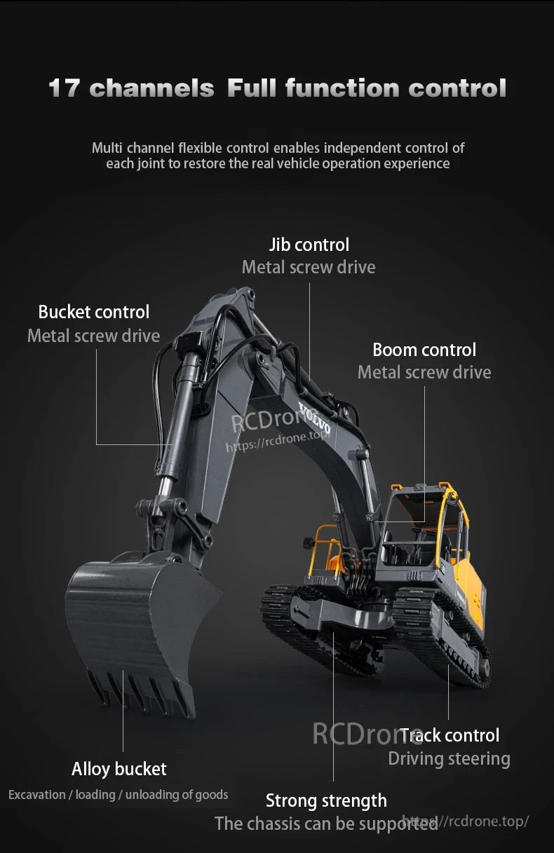 Double E E598 RC Excavator, 17-channel control with metal screws, alloy bucket, track steering, and sturdy chassis for excavation and loading.