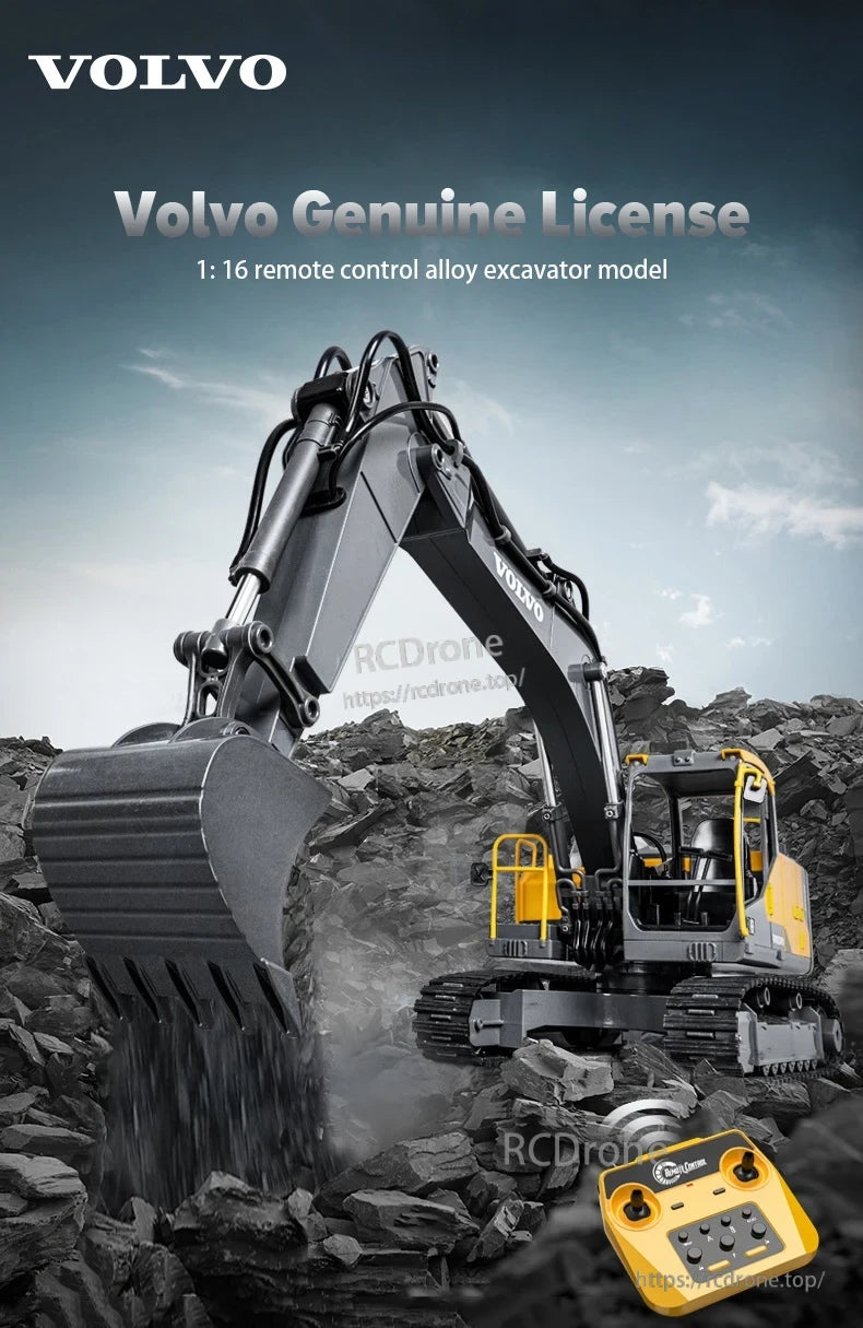 Double E E598 RC Excavator, Volvo Genuine License 1:16 remote control alloy excavator model with yellow controller.