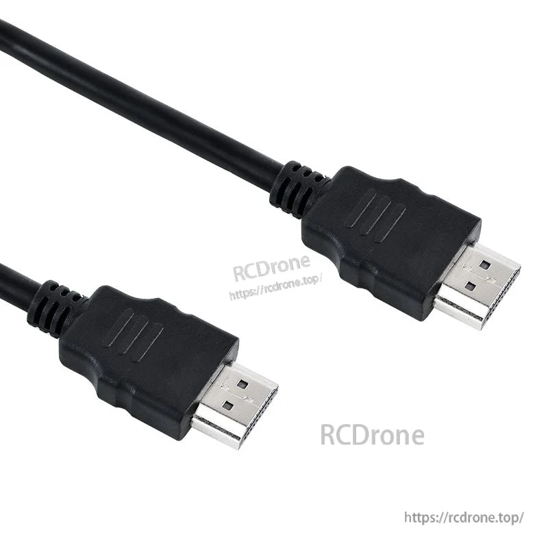 Close-up of two HDMI male connectors on black cable, showing molded grips and pins