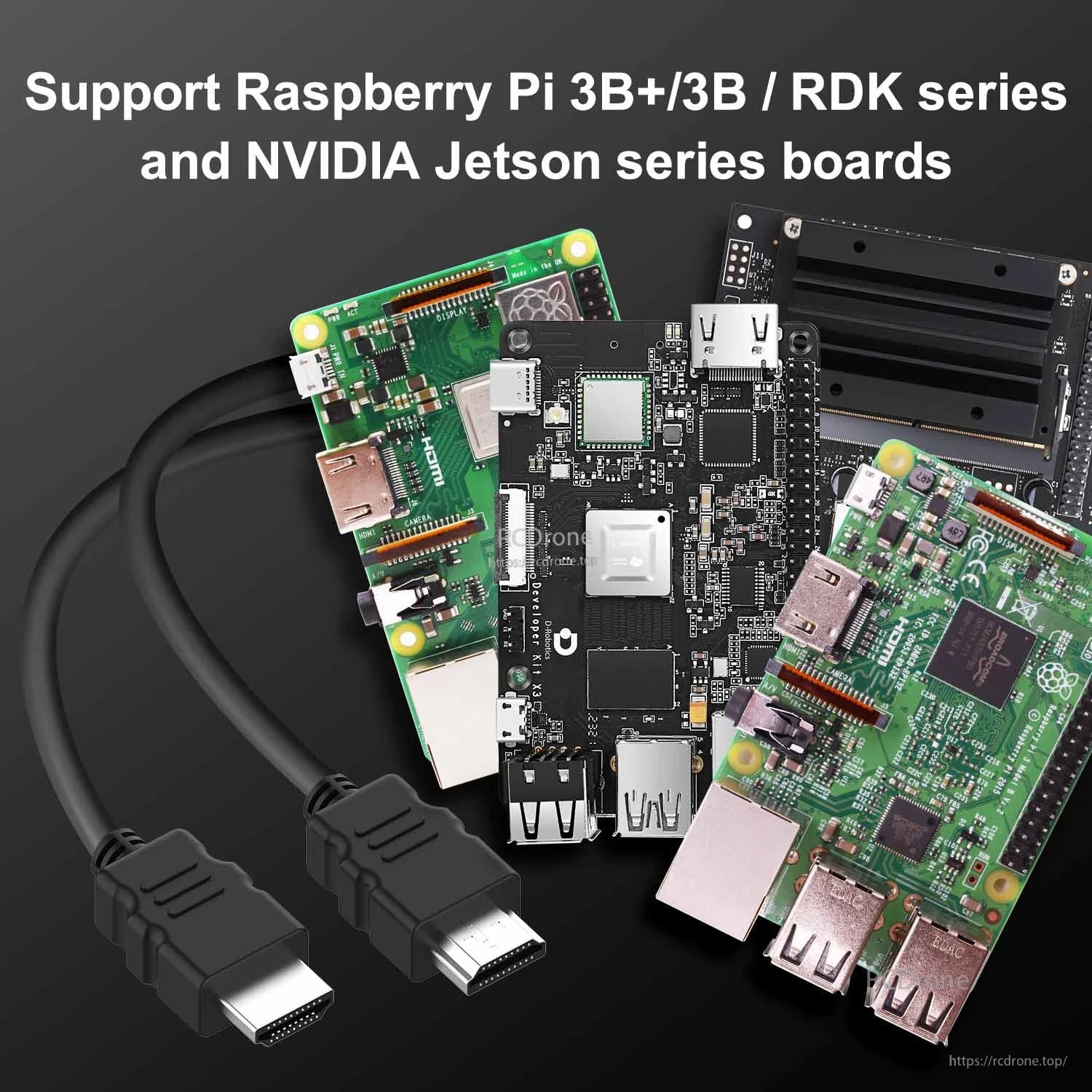 Double HDMI HD data cable shown with Raspberry Pi and NVIDIA Jetson boards compatibility graphic