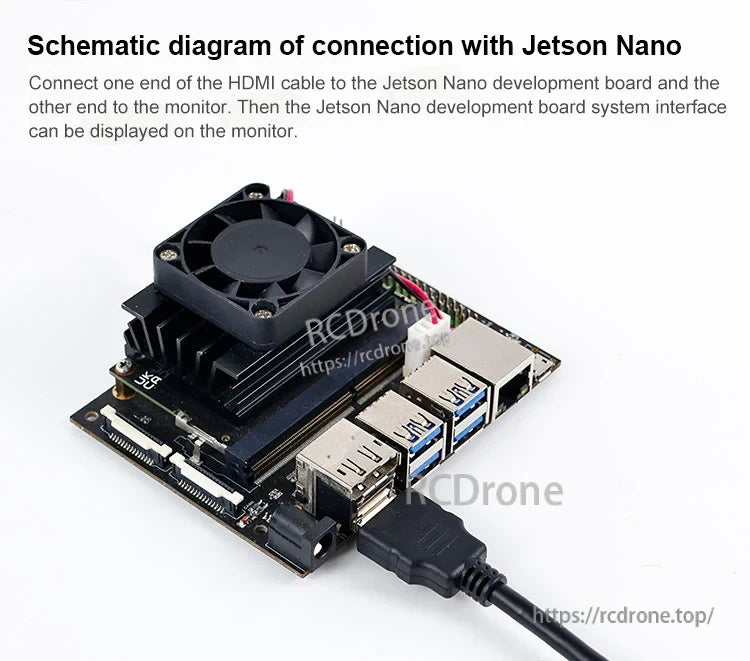 Jetson Nano development board connected via full-size HDMI using the cable
