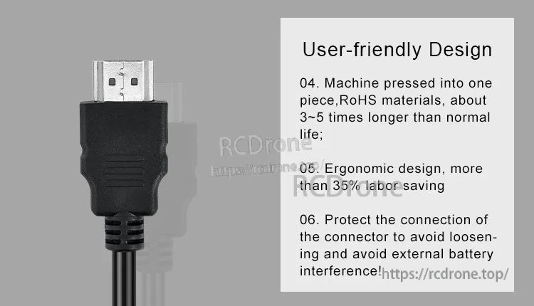 Close-up of HDMI connector with user-friendly molded strain relief and RoHS materials note