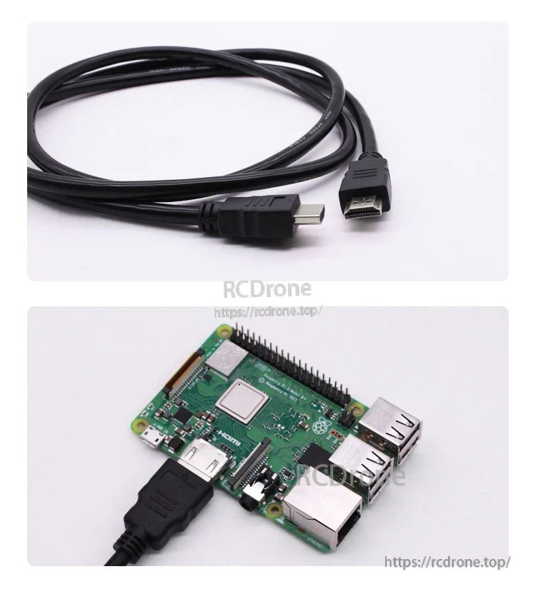 Real product photo of the HDMI-to-HDMI cable and a Raspberry Pi connected with a full-size HDMI plug