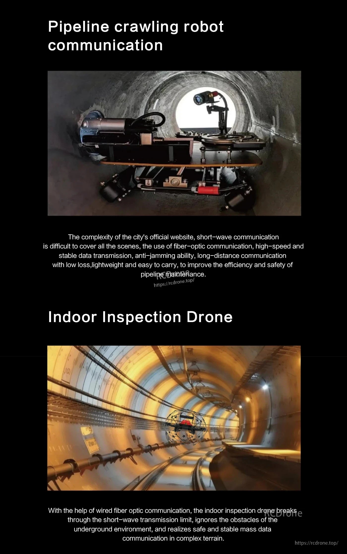 Drone Fiber Optic Extender, Pipeline robots and indoor drones use fiber-optic communication for fast, stable data transmission, enhancing safe, efficient inspections in complex underground environments.