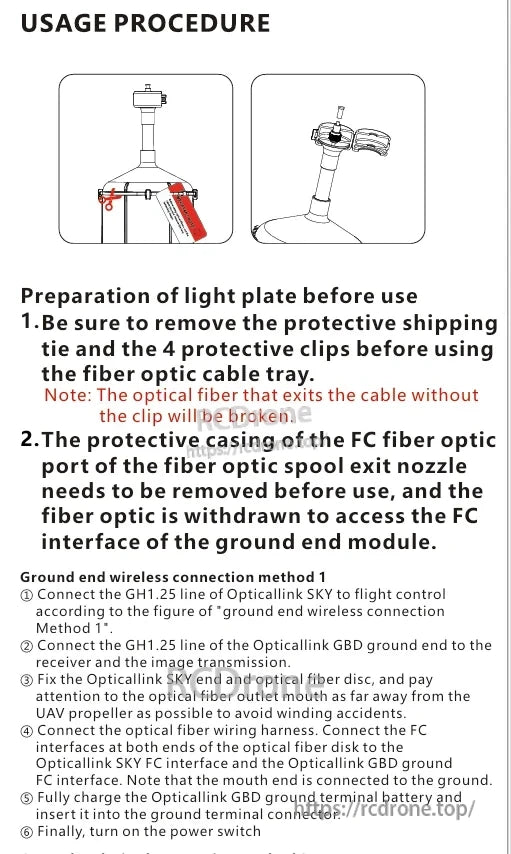 Drone Fiber Optic Extender, Remove clips and casing, connect GH1.25 lines, secure fiber disc, attach FC interfaces, charge battery, power on. Handle carefully to avoid fiber damage. (24 words)